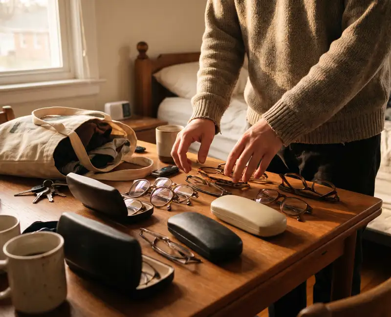 person trying to carry multiple glasses with several cases and loose frames on table